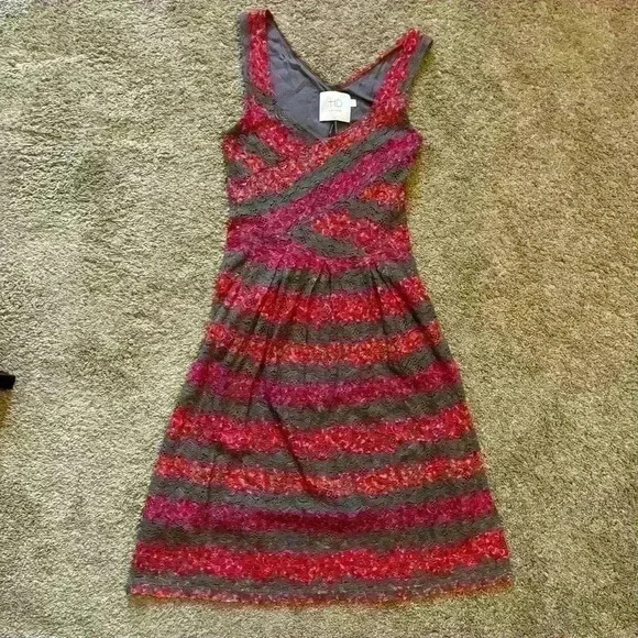 Anthropologie HD in Paris Cabernet Lace Dress Size 2 Grey Pink Red Stripes - Picture 3 of 10